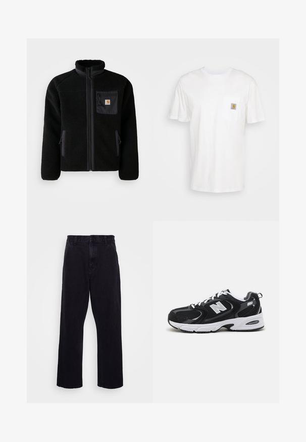 Sort fleecejakke med lynlås foran, høj krave og struktureret stof. Har en brystlomme og sidelommer med lynlåse.; Hvid bomulds T-shirt med korte ærmer, en brystlomme, og et lille firkantet logo patch i orange og hvid på lommen.; Sorte denimbukser med lige ben, der har en knap- og lynlåslukning, bæltestropper og minimale syninger.; Sorte og grå sportssko med mesh og ruskind på overdelen, der har en hvid mellemsål, snørebånd og et iøjnefaldende "N" logo på siden.
