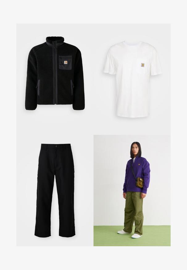 Veste en polaire noire avec fermeture éclair à l'avant, col haut et tissu texturé. Elle dispose d'une poche sur la poitrine et de poches latérales avec fermetures éclair.; T-shirt en coton blanc à manches courtes, avec une poche poitrine et un petit patch logo carré en orange et blanc sur la poche.; Pantalons droits noirs avec passants de ceinture, bouton frontal et fermeture éclair sur fond clair uni.; Jordan AIR JORDAN 1 ZM CMFT 2 - Baskets montantes - summit white/bicoastal/oxidized green
