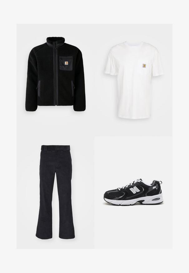 Sort fleecejakke med lynlås foran, høj krave og struktureret stof. Har en brystlomme og sidelommer med lynlåse.; Hvid bomulds T-shirt med korte ærmer, en brystlomme, og et lille firkantet logo patch i orange og hvid på lommen.; Sorte kordfløjl bukser med en afslappet pasform, der har en klassisk talje og flagrende ben, blød tekstur og uden synlige mønstre eller detaljer.; Sorte og grå sportssko med mesh og ruskind på overdelen, der har en hvid mellemsål, snørebånd og et iøjnefaldende "N" logo på siden.