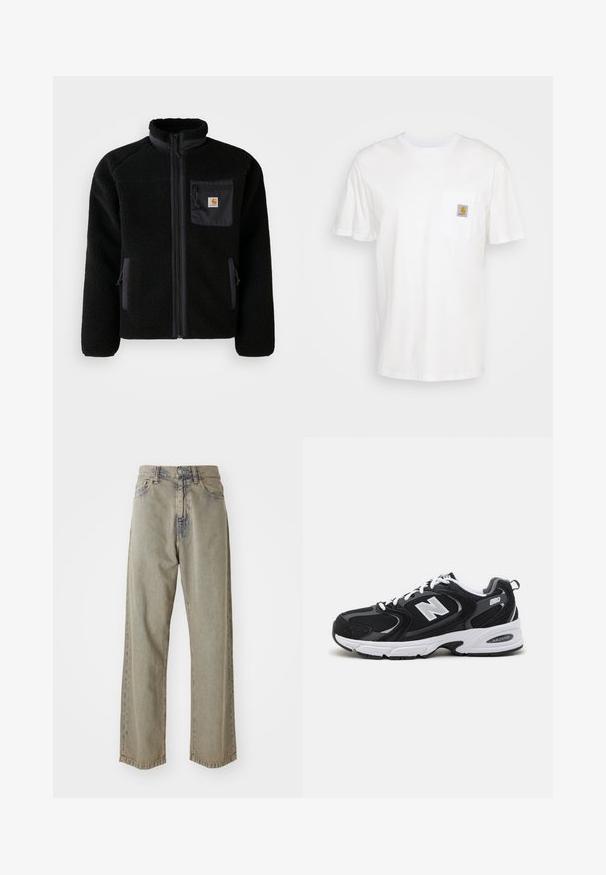 Veste en polaire noire avec fermeture éclair à l'avant, col haut et tissu texturé. Elle dispose d'une poche sur la poitrine et de poches latérales avec fermetures éclair.; T-shirt en coton blanc à manches courtes, avec une poche poitrine et un petit patch logo carré en orange et blanc sur la poche.; Jeans larges gris clair en denim, présentant une texture décolorée, des coutures visibles et une fermeture à boutons et à zip traditionnelle.; Baskets de sport noires et grises avec un tige en mesh et en suède, présentant une semelle intermédiaire blanche, des lacets et un logo "N" audacieux sur le côté.