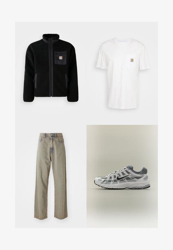 Schwarze Fleecejacke mit Reißverschluss vorne, hohem Kragen und strukturiertem Material. Verfügt über eine Brusttasche und seitliche Taschen mit Reißverschluss.; Weißes Baumwoll-T-Shirt mit kurzen Ärmeln, einer Brusttasche und einem kleinen quadratischen Logopatch in Orange und Weiß auf der Tasche.; Helle graue, weit geschnittene Jeans aus Denim, mit einer ausgebleichtenen Textur, sichtbaren Nähten und traditionellem Knopf- und Reißverschluss.; Weißer und grauer Nike P-6000 Sneaker mit schwarzem Swoosh, Netzpaneelen und strukturierter Sohle, seitlich auf neutralem Hintergrund dargestellt.