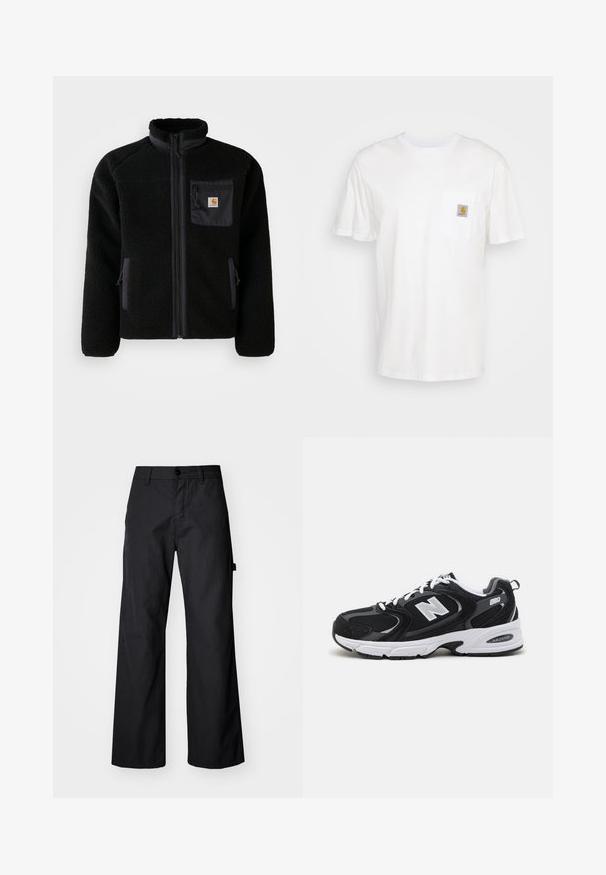 Sort fleecejakke med lynlås foran, høj krave og struktureret stof. Har en brystlomme og sidelommer med lynlåse.; Hvid bomulds T-shirt med korte ærmer, en brystlomme, og et lille firkantet logo patch i orange og hvid på lommen.; Svarte breddebenede bukser fremstillet af holdbart stof. Har en knaplukning og sidelommer. Glat tekstur med et enkelt design.; Sorte og grå sportssko med mesh og ruskind på overdelen, der har en hvid mellemsål, snørebånd og et iøjnefaldende "N" logo på siden.