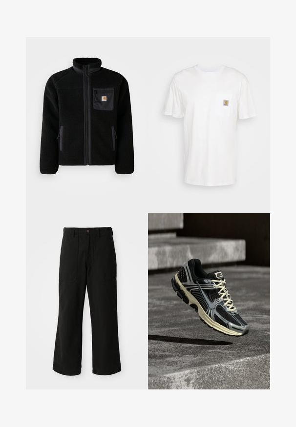 Schwarze Fleecejacke mit Reißverschluss vorne, hohem Kragen und strukturiertem Material. Verfügt über eine Brusttasche und seitliche Taschen mit Reißverschluss.; Weißes Baumwoll-T-Shirt mit kurzen Ärmeln, einer Brusttasche und einem kleinen quadratischen Logopatch in Orange und Weiß auf der Tasche.; Schwarze weit geschnittene Hose aus weichem Stoff, mit Fronttaschen und einem Knopfverschluss an der Taille. Minimalistisches Design ohne sichtbare Muster.; Schwarz-grauer Nike-Laufschuh mit cremefarbenen Schnürsenkeln, der über einer strukturierten Betonoberfläche schwebt.