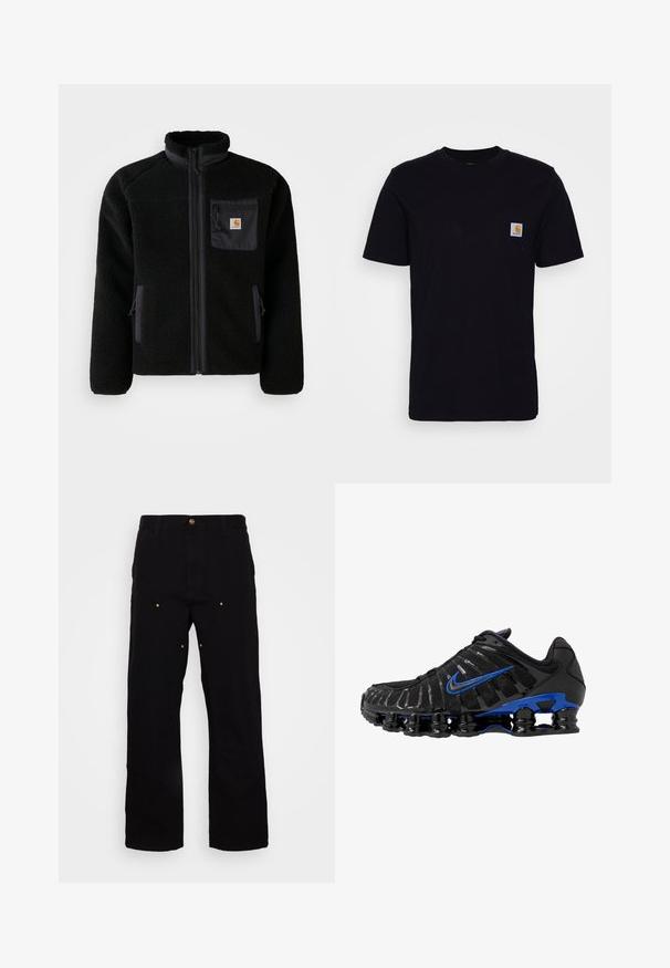 Schwarze Fleecejacke mit Reißverschluss vorne, hohem Kragen und strukturiertem Material. Verfügt über eine Brusttasche und seitliche Taschen mit Reißverschluss.; Schwarzes Baumwoll-T-Shirt mit kurzen Ärmeln, rundem Hals und einer Brusttasche, die mit einem kleinen, quadratischen Logo-Patch versehen ist. Einfaches, einfarbiges Design.; Schwarze Denim-Hosen mit geradem Bein, ausgestattet mit goldenen Hardware-Akzenten und sichtbaren Nähten an den Vorder- und Gesäßtaschen.; Schwarzer Sportschuh mit Obermaterial aus Mesh und glänzenden Akzenten. Verfügt über einen blauen Swoosh, einen gepolsterten Kragen und eine auffällige schwarze Gummisohle mit sichtbarem Dämpfungselement.