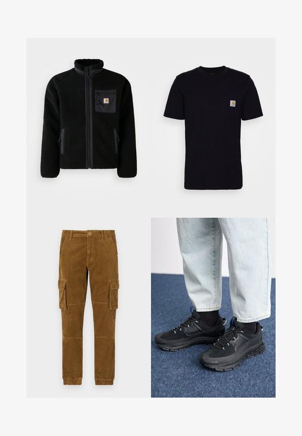 Veste en polaire noire avec fermeture éclair à l'avant, col haut et tissu texturé. Elle dispose d'une poche sur la poitrine et de poches latérales avec fermetures éclair.; T-shirt en coton noir à manches courtes, col rond et poche poitrine avec un petit patch logo carré. Design simple et uni.; Pantalons cargo en velours côtelé marron avec une coupe ajustée, dotés de poches latérales, d'une fermeture à bouton et de poignets élastiques aux chevilles.; Des chaussures de sport noires avec un tissu texturé et des semelles en caoutchouc, dotées de lacets élastiques et d'un accent bleu au talon. Portées avec un pantalon en denim clair.