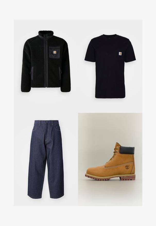 Schwarze Fleecejacke mit Reißverschluss vorne, hohem Kragen und strukturiertem Material. Verfügt über eine Brusttasche und seitliche Taschen mit Reißverschluss.; Schwarzes Baumwoll-T-Shirt mit kurzen Ärmeln, rundem Hals und einer Brusttasche, die mit einem kleinen, quadratischen Logo-Patch versehen ist. Einfaches, einfarbiges Design.; Dunkelblaue Denim-Jeans mit einem lockeren, weiten Schnitt. Zu den Merkmalen gehören ein Knopfverschluss, Fronttaschen und sichtbare Nähte.; Brauner Leder-Stiefelette mit schwarzem Kragen, gelben Schnürsenkeln und hellbrauner Sohle. Verfügt über ein Logo und weiße Ziernähe. Robuste Profilsohle.