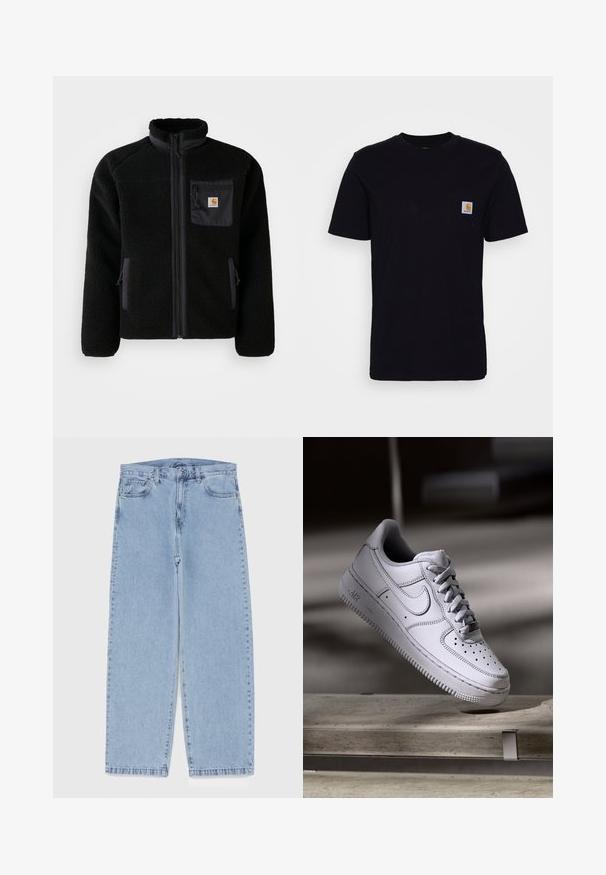 Schwarze Fleecejacke mit Reißverschluss vorne, hohem Kragen und strukturiertem Material. Verfügt über eine Brusttasche und seitliche Taschen mit Reißverschluss.; Schwarzes Baumwoll-T-Shirt mit kurzen Ärmeln, rundem Hals und einer Brusttasche, die mit einem kleinen, quadratischen Logo-Patch versehen ist. Einfaches, einfarbiges Design.; Hellblaue Jeans aus Denim mit geradem Bein, ausgestattet mit einer mittelhohen Taille, fünf Taschen sowie einem Knopf- und Reißverschluss.; Weißer Nike Air Force 1 Sneaker aus Leder mit perforierter Zehenpartie, flachen Schnürsenkeln und strukturierter Gummisohle mit "AIR"-Branding an der Seite.