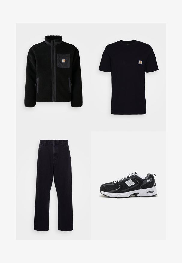 Schwarze Fleecejacke mit Reißverschluss vorne, hohem Kragen und strukturiertem Material. Verfügt über eine Brusttasche und seitliche Taschen mit Reißverschluss.; Schwarzes Baumwoll-T-Shirt mit kurzen Ärmeln, rundem Hals und einer Brusttasche, die mit einem kleinen, quadratischen Logo-Patch versehen ist. Einfaches, einfarbiges Design.; Schwarze Jeanshose mit geradem Bein, ausgestattet mit einem Knopf- und Reißverschluss, Gürtelschlaufen und minimalen Nähdetails.; Schwarze und graue Sportschuhe mit Obermaterial aus Mesh und Wildleder, ausgestattet mit einer weißen Zwischensohle, Schnürsenkeln und einem markanten "N"-Logo an der Seite.