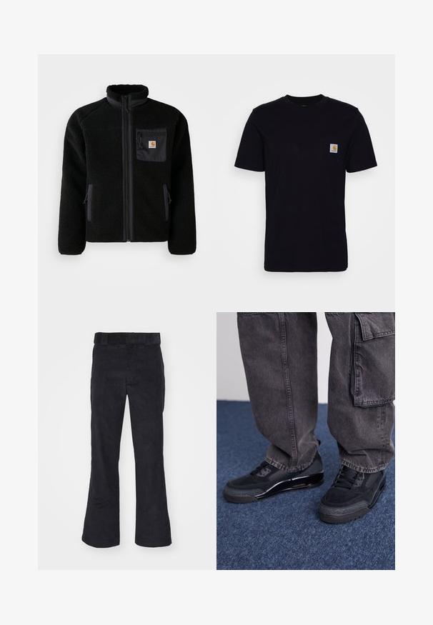 Sort fleecejakke med lynlås foran, høj krave og struktureret stof. Har en brystlomme og sidelommer med lynlåse.; Sort bomulds T-shirt med korte ærmer, rund hals og en brystlomme, der har et lille, kvadratisk logo-patch. Enkel, ensfarvet design.; Sorte kordfløjl bukser med en afslappet pasform, der har en klassisk talje og flagrende ben, blød tekstur og uden synlige mønstre eller detaljer.; Sorte sportsko med en struktureret overflade, glatte detaljer og en kraftig sål, der er parret med mørke, løstsiddende cargo-bukser.