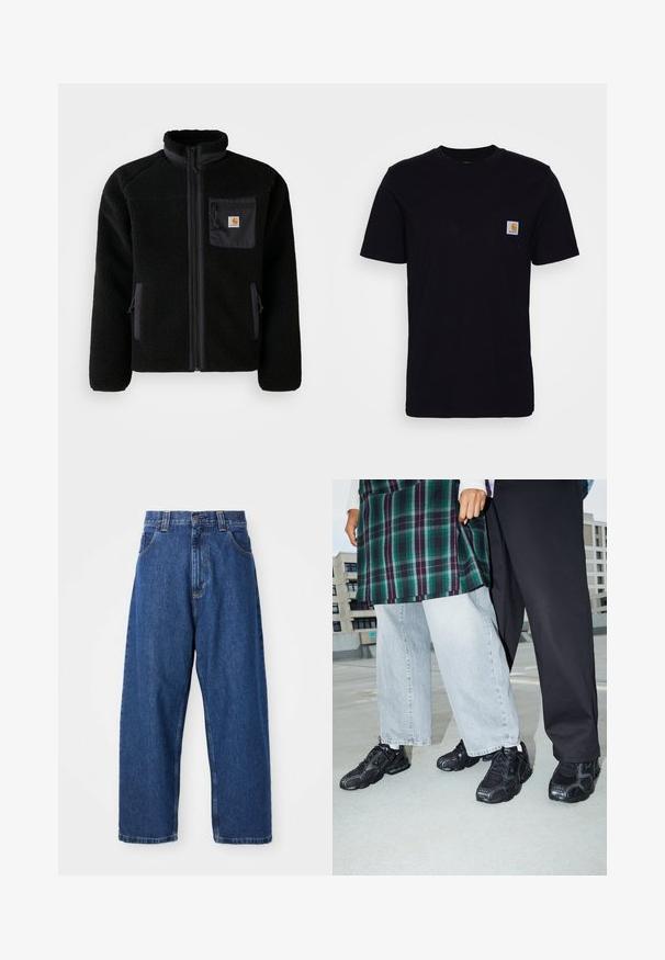 Schwarze Fleecejacke mit Reißverschluss vorne, hohem Kragen und strukturiertem Material. Verfügt über eine Brusttasche und seitliche Taschen mit Reißverschluss.; Schwarzes Baumwoll-T-Shirt mit kurzen Ärmeln, rundem Hals und einer Brusttasche, die mit einem kleinen, quadratischen Logo-Patch versehen ist. Einfaches, einfarbiges Design.; Weite Jeans aus Denim in Dunkelblau. Hohe Taille, Gürtelschlaufen und klassisches Fünf-Taschen-Design. Gestickter Saum mit sauberem Finish.; Schwarze Sportschuhe mit Mesh- und Gummielementen. Kombiniert mit hellgrauen weiten Jeans und einem karierten grünen Oberteil. Flacher Hintergrund.