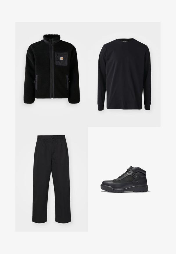Veste en polaire noire avec fermeture éclair à l'avant, col haut et tissu texturé. Elle dispose d'une poche sur la poitrine et de poches latérales avec fermetures éclair.; T-shirt noir à manches longues en coton, avec un col rond et une coupe droite, présentant un petit logo sur la manche.; Pantalons en coton noir à coupe droite, avec une fermeture à bouton, deux poches avant et une texture lisse.; Bottines de randonnée noires en cuir et mesh, avec un col rembourré, un laçage à l'avant, une semelle en caoutchouc avec traction et un logo embossé.