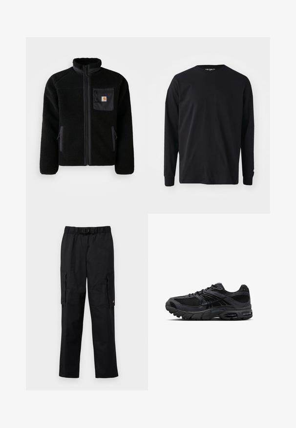 Schwarze Fleecejacke mit Reißverschluss vorne, hohem Kragen und strukturiertem Material. Verfügt über eine Brusttasche und seitliche Taschen mit Reißverschluss.; Schwarzes Langarm-T-Shirt aus Baumwolle mit rundem Halsausschnitt und geradem Schnitt, mit einem kleinen Logodetail am Ärmel.; Schwarze Cargo-Hosen mit elastischem Bund, verstellbarem Gürtel, mehreren Seitentaschen und einer glatten, leichten Stoffbeschaffenheit.; Schwarzer und dunkelgrauer Nike Laufschuh mit Mesh-Gewebe, Wildleder-Overlays, gepolsterter Sohle und sichtbaren Lufteinheiten in Ferse und Vorfuß.