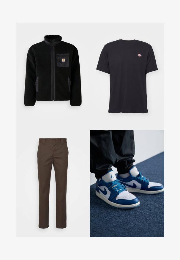 Veste en polaire noire avec fermeture éclair à l'avant, col haut et tissu texturé. Elle dispose d'une poche sur la poitrine et de poches latérales avec fermetures éclair.; T-shirt noir à manches courtes et col rond avec un petit logo Dickies coloré sur la poitrine gauche, sur un fond uni.; Pantalons marron en tissu résistant, avec une coupe droite, une taille standard et des poches latérales pour plus de fonctionnalité.; Les baskets Nike Air Jordan présentent une base en cuir blanc avec des accents en synthétique bleu, une boîte à orteils perforée et des lacets bleus.