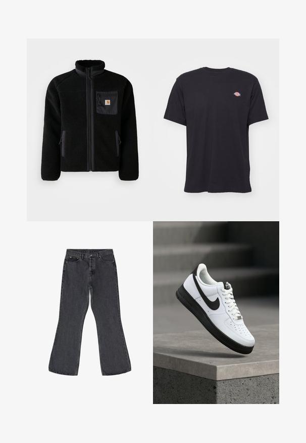 Sort fleecejakke med lynlås foran, høj krave og struktureret stof. Har en brystlomme og sidelommer med lynlåse.; Sort kortærmet t-shirt med rund hals og et lille farverigt Dickies-logo på venstre bryst mod en ensfarvet baggrund.; Mørkegrå flare jeans lavet af denim, med et klassisk fem-lomme design, synlig syning og metal hardware detaljer.; Hvid lædersneaker med sorte detaljer, rundet tå og perforerede detaljer. Sort gummisål med tekstureret mønster og snørelukning.