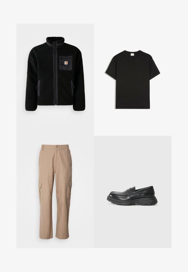 Veste en polaire noire avec fermeture éclair à l'avant, col haut et tissu texturé. Elle dispose d'une poche sur la poitrine et de poches latérales avec fermetures éclair.; T-shirt noir uni à manches courtes et col rond, posé à plat, montrant la vue de face avec des coutures visibles et une étiquette blanche de la marque à l'intérieur du col.; Pantalons cargo en khaki en tissu léger, dotés de deux poches latérales, d'une fermeture à bouton et d'un design à jambes droites.; Chaussure noire en cuir à enfiler avec un design mocassin, embout arrondi, semelle en caoutchouc épaisse et subtil détail de couture sur la partie supérieure.