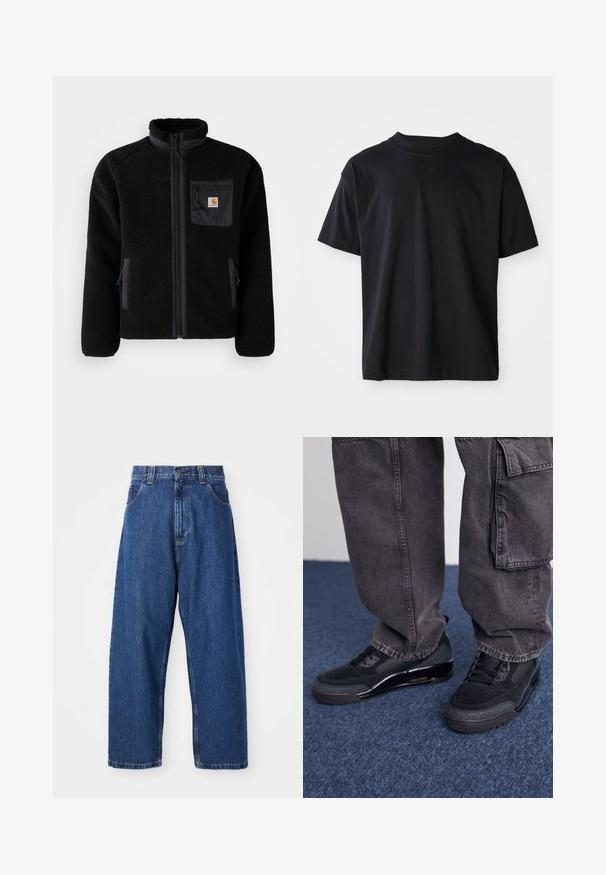 Zwarte fleecejack met een ritssluiting aan de voorkant, hoge kraag en textielstructuur. Voorzien van een borstzak en zijzakken met ritssluitingen.; Zwarte crewneck t-shirt gemaakt van katoen. Korte mouwen, standaard pasvorm, geen zichtbare patronen, minimalistisch ontwerp met een subtiele logo-detail.; Denim wijde broek in donkerblauw. Kenmerken zijn een hoge taille, riemlussen en een klassiek vijf-pocket ontwerp. Gestikte zoom met een schone afwerking.; Zwarte sportieve schoenen met een gestructureerd oppervlak, gladde accenten en een chunky zool, gecombineerd met donkere, loszittende cargo pants.