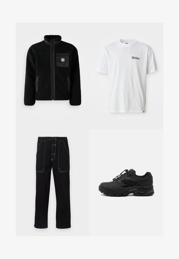 Sort fleecejakke med lynlås foran, høj krave og struktureret stof. Har en brystlomme og sidelommer med lynlåse.; Hvid bomulds T-shirt med korte ærmer og rund hals. Har en sort "Dickies" logo trykt på venstre bryst.; Sorte bukser lavet af robust stof. Har kontrasterende hvid syning, flere lommer og en lige ben-design.; Sort atletisk sneaker med tekstureret stof, tyk polstret sål, luftventiler og snørelukning, vist fra siden på en lys baggrund.