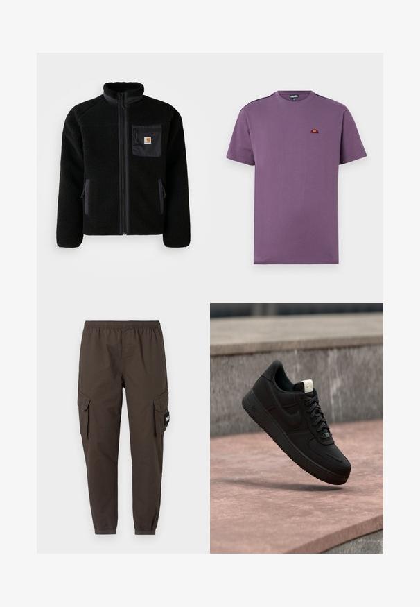 Sort fleecejakke med lynlås foran, høj krave og struktureret stof. Har en brystlomme og sidelommer med lynlåse.; Lilla bomulds T-shirt med rund halsudskæring og korte ærmer. Har et lille broderet logo på brystet og ensartet tekstur.; Cargo bukser i mørkebrunt stof, med elastisk talje, tapered ben og to sidelommer med klapper.; Sort Nike Air Force 1 sneaker, der svæver over en lyserød betonforkant med en grå stenet baggrund, som viser sidde- og topdetaljer.