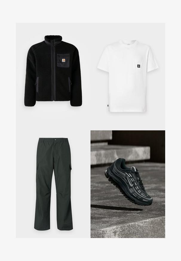Sort fleecejakke med lynlås foran, høj krave og struktureret stof. Har en brystlomme og sidelommer med lynlåse.; Hvid bomulds T-shirt med rund halsudskæring, korte ærmer og en brystlomme med en sort logopatch. Glat tekstur, løs pasform.; Mørkegrøn cargo bukser med en afslappet pasform, elastisk talje, sydde lommer og en glat, let stofstruktur.; Sort og grå Nike Air Max sneaker, der flyder over grå betontrin med tekstureret jordbaggrund.
