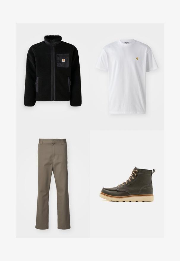 Sort fleecejakke med lynlås foran, høj krave og struktureret stof. Har en brystlomme og sidelommer med lynlåse.; Hvid bomulds t-shirt med korte ærmer, rund hals og et lille guld logo på venstre brystområde. Blød tekstur og almindelig pasform.; Brune lige bukser med bæltestropper, frontlynlås og uden synlige lommer, præsenteret på en hvid baggrund.; Mørkegrønne læder ankelstøvler med beige snørebånd, polstret krave og tekstureret gummisål. Har vandtætte markeringer og syninger.