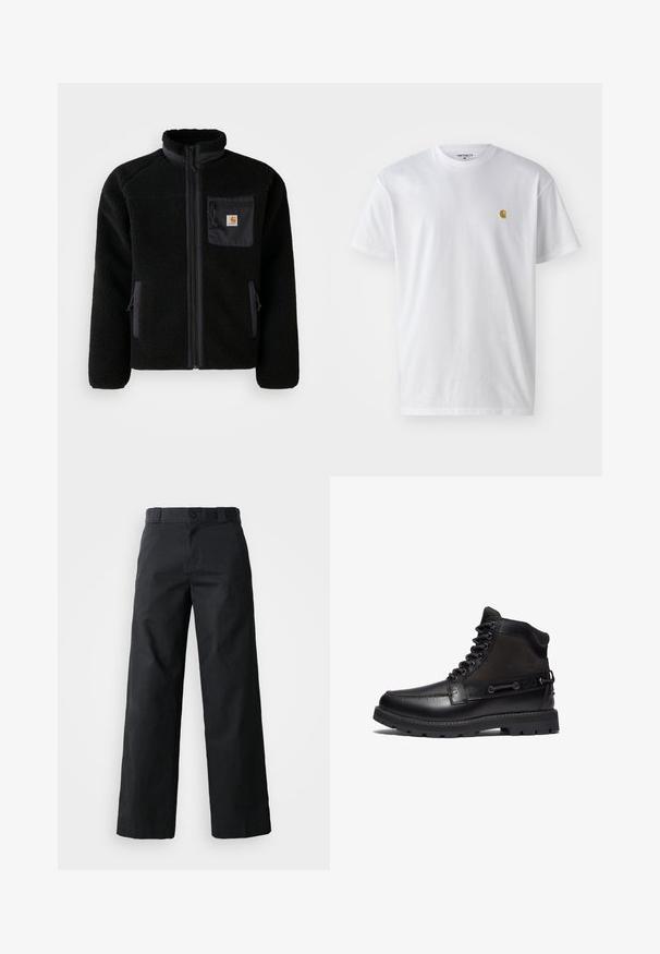 Schwarze Fleecejacke mit Reißverschluss vorne, hohem Kragen und strukturiertem Material. Verfügt über eine Brusttasche und seitliche Taschen mit Reißverschluss.; Weißes Baumwoll-T-Shirt mit kurzen Ärmeln, Rundhalsausschnitt, mit einem kleinen goldenen Logo im linken Brustbereich. Weicher Stoff und normale Passform.; Schwarze weit geschnittene Baumwollhose. Verfügt über einen Knopfverschluss, Gürtelschlaufen und Seitentaschen. Glatte Textur mit tailliertem Schnitt.; Timberland BRITTON ROAD EYE MOC-TOE - Schnürstiefelette - black