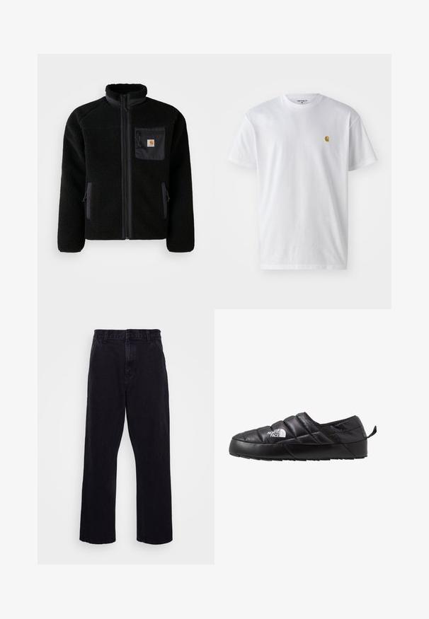 Schwarze Fleecejacke mit Reißverschluss vorne, hohem Kragen und strukturiertem Material. Verfügt über eine Brusttasche und seitliche Taschen mit Reißverschluss.; Weißes Baumwoll-T-Shirt mit kurzen Ärmeln, Rundhalsausschnitt, mit einem kleinen goldenen Logo im linken Brustbereich. Weicher Stoff und normale Passform.; Schwarze Jeanshose mit geradem Bein, ausgestattet mit einem Knopf- und Reißverschluss, Gürtelschlaufen und minimalen Nähdetails.; Schwarzer Slipper mit gestepptem Design, aus gepolstertem Material gefertigt. Verfügt über eine strukturierten Gummisohle und eine kleine Lasche hinten.