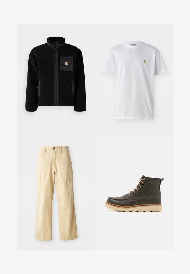 Sort fleecejakke med lynlås foran, høj krave og struktureret stof. Har en brystlomme og sidelommer med lynlåse.; Hvid bomulds t-shirt med korte ærmer, rund hals og et lille guld logo på venstre brystområde. Blød tekstur og almindelig pasform.; Beige brede benbukser lavet af bomuld. De har en høj talje, to forlommer med flad design og en enkelt knaplukning.; Mørkegrønne læder ankelstøvler med beige snørebånd, polstret krave og tekstureret gummisål. Har vandtætte markeringer og syninger.