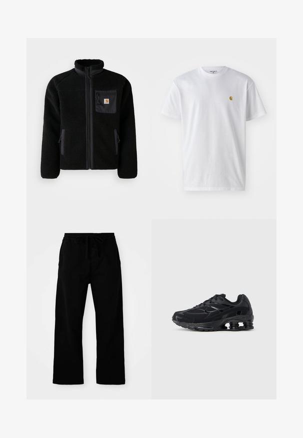 Schwarze Fleecejacke mit Reißverschluss vorne, hohem Kragen und strukturiertem Material. Verfügt über eine Brusttasche und seitliche Taschen mit Reißverschluss.; Weißes Baumwoll-T-Shirt mit kurzen Ärmeln, Rundhalsausschnitt, mit einem kleinen goldenen Logo im linken Brustbereich. Weicher Stoff und normale Passform.; Schwarze, elastische Hosen mit verstellbarem Kordelzug, weitem Bein und glatter Baumwollstruktur. Keine sichtbaren Muster oder Hardware-Details.; Schwarzer Sportschuh mit Obermaterial aus Mesh, gepolstertem Kragen und hervorgehobener Dämpfungstechnologie an der Ferse. Verfügt über strukturierte Akzente und Schnürsenkel.
