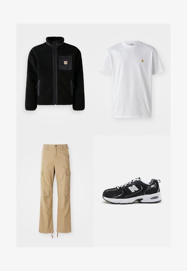 Veste en polaire noire avec fermeture éclair à l'avant, col haut et tissu texturé. Elle dispose d'une poche sur la poitrine et de poches latérales avec fermetures éclair.; T-shirt en coton blanc à manches courtes, col rond, avec un petit logo doré sur la poitrine gauche. Texture douce et coupe régulière.; Pantalons cargo kaki en tissu durable, dotés de plusieurs poches latérales, d'une coupe droite et de cordons de serrage réglables à l'ourlet.; Baskets de sport noires et grises avec un tige en mesh et en suède, présentant une semelle intermédiaire blanche, des lacets et un logo "N" audacieux sur le côté.