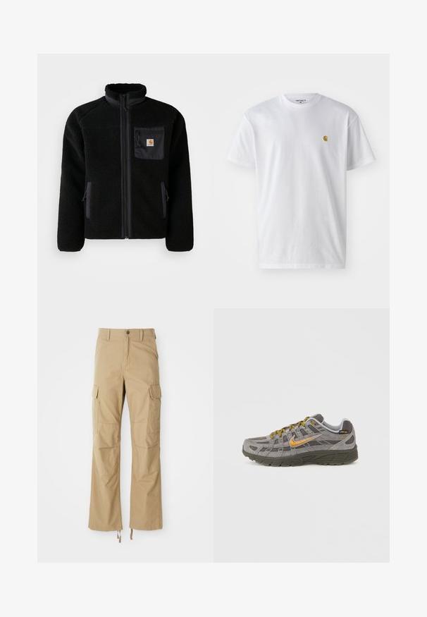 Veste en polaire noire avec fermeture éclair à l'avant, col haut et tissu texturé. Elle dispose d'une poche sur la poitrine et de poches latérales avec fermetures éclair.; T-shirt en coton blanc à manches courtes, col rond, avec un petit logo doré sur la poitrine gauche. Texture douce et coupe régulière.; Pantalons cargo kaki en tissu durable, dotés de plusieurs poches latérales, d'une coupe droite et de cordons de serrage réglables à l'ourlet.; Baskets en daim gris avec accents dorés, panneaux texturés et lacets assortis. Comprend une semelle coussinée et un détail de logo sur le côté.