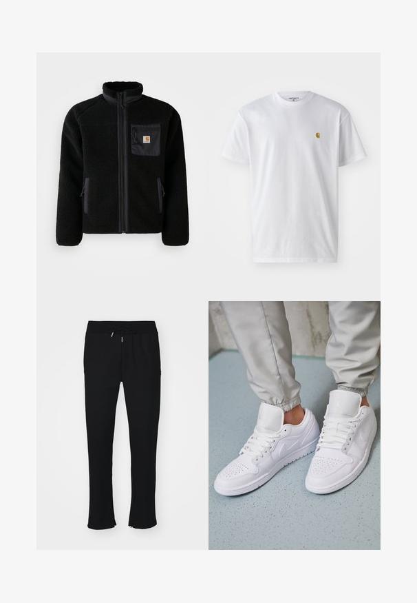 Schwarze Fleecejacke mit Reißverschluss vorne, hohem Kragen und strukturiertem Material. Verfügt über eine Brusttasche und seitliche Taschen mit Reißverschluss.; Weißes Baumwoll-T-Shirt mit kurzen Ärmeln, Rundhalsausschnitt, mit einem kleinen goldenen Logo im linken Brustbereich. Weicher Stoff und normale Passform.; Schwarze Jogginghose aus weichem Stoff, mit elastischem Taillenbund und Kordelzug, Schlitz am Saum und subtiler Mustergestaltung.; Weiße Ledersneaker mit perforierter Zehenbox, flachen Schnürsenkeln, gepolstertem Kragen und dem Jordan-Logo auf der Zunge. Getragen mit grauen Jogginghosen.