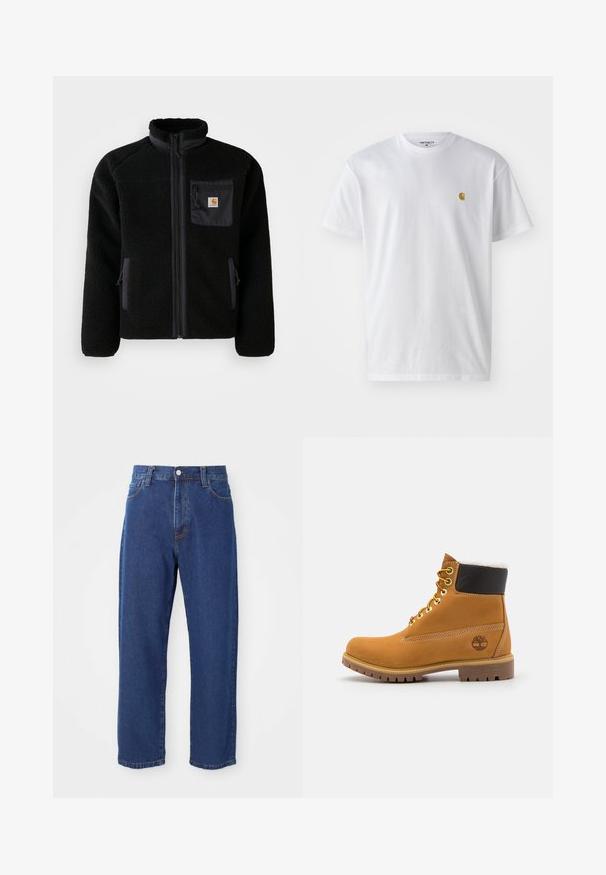 Schwarze Fleecejacke mit Reißverschluss vorne, hohem Kragen und strukturiertem Material. Verfügt über eine Brusttasche und seitliche Taschen mit Reißverschluss.; Weißes Baumwoll-T-Shirt mit kurzen Ärmeln, Rundhalsausschnitt, mit einem kleinen goldenen Logo im linken Brustbereich. Weicher Stoff und normale Passform.; Hoch taillierte blaue Jeans aus Denim, mit geradem Bein, sichtbaren Nähten und einem Frontknopfverschluss.; Braune Leder-Ankle-Boots mit Metallösen, weißem Kunstfellfutter, schwarzem gepolstertem Kragen, robustem Sohlenprofil und geprägtem Logo an der Seite.