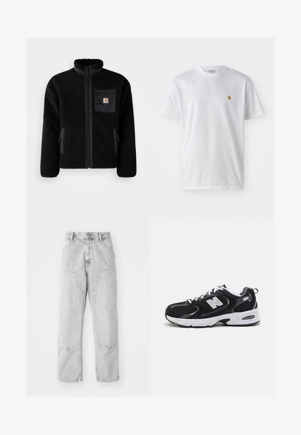 Sort fleecejakke med lynlås foran, høj krave og struktureret stof. Har en brystlomme og sidelommer med lynlåse.; Hvid bomulds t-shirt med korte ærmer, rund hals og et lille guld logo på venstre brystområde. Blød tekstur og almindelig pasform.; Lys grå denim bukser med en løs pasform, der har store sidelommer, synlige sømme og et lige ben design. Bæltestropper i taljen.; Sorte og grå sportssko med mesh og ruskind på overdelen, der har en hvid mellemsål, snørebånd og et iøjnefaldende "N" logo på siden.