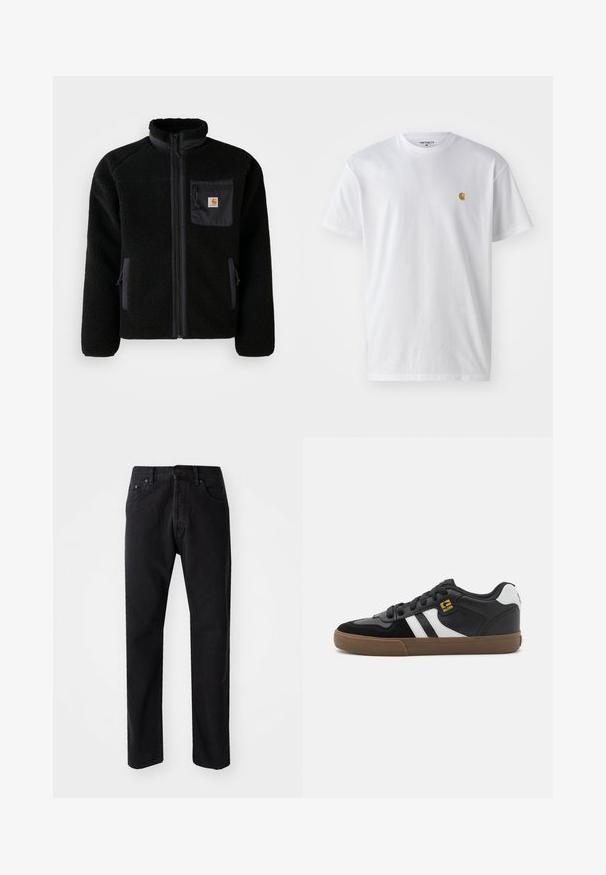Veste en polaire noire avec fermeture éclair à l'avant, col haut et tissu texturé. Elle dispose d'une poche sur la poitrine et de poches latérales avec fermetures éclair.; T-shirt en coton blanc à manches courtes, col rond, avec un petit logo doré sur la poitrine gauche. Texture douce et coupe régulière.; Jeans en denim noir coupe droite, avec cinq poches et une fermeture à bouton. Présente des coutures visibles et un tissu doux et texturé.; Baskets noir et blanc avec une tige en daim et en cuir, présentant des rayures blanches, des lacets noirs et une semelle en caoutchouc marron. Accents de logo dorés.
