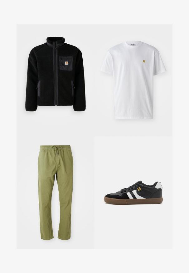 Sort fleecejakke med lynlås foran, høj krave og struktureret stof. Har en brystlomme og sidelommer med lynlåse.; Hvid bomulds t-shirt med korte ærmer, rund hals og et lille guld logo på venstre brystområde. Blød tekstur og almindelig pasform.; Olivenfarvede afslappede bukser med elastisk talje og snoretræk. Fremstillet af blødt stof med en glat overflade og lige ben.; Sorte og hvide sneakers med overdel i ruskind og læder, der har hvide striber, sorte snørebånd og en brun gummisål. Guld logo detaljer.
