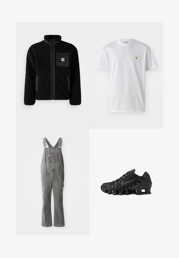 Schwarze Fleecejacke mit Reißverschluss vorne, hohem Kragen und strukturiertem Material. Verfügt über eine Brusttasche und seitliche Taschen mit Reißverschluss.; Weißes Baumwoll-T-Shirt mit kurzen Ärmeln, Rundhalsausschnitt, mit einem kleinen goldenen Logo im linken Brustbereich. Weicher Stoff und normale Passform.; Graue Denim-Overalls mit verstellbaren Trägern, einer Brusttasche vorne, Seitentaschen und einem ausgestellten Bein. Robuster Stoff und entspannter Schnitt für Komfort.; Schwarze Sportschuhe aus Mesh- und synthetischen Materialien mit einem markanten wellenförmigen Design, schwarzer Gummisohle und reflektierenden Akzenten.