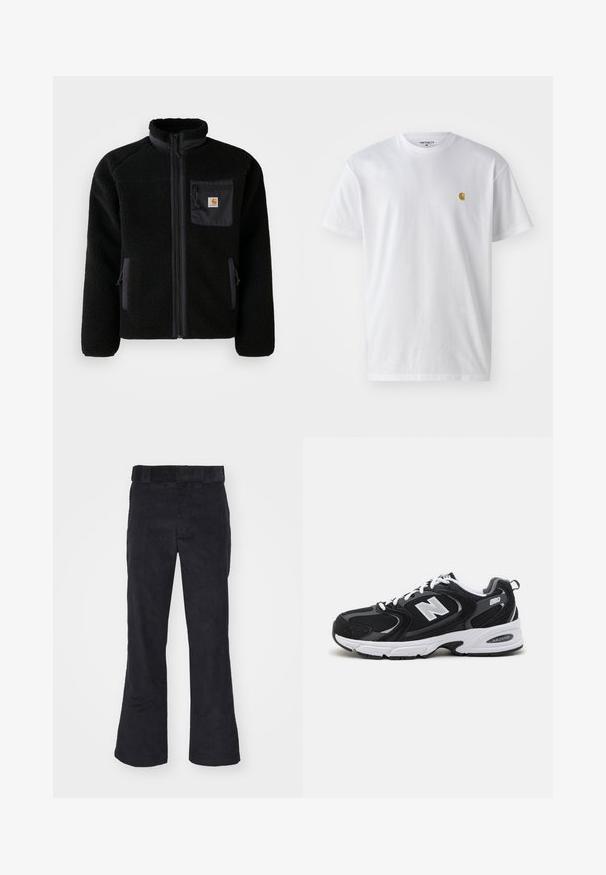 Schwarze Fleecejacke mit Reißverschluss vorne, hohem Kragen und strukturiertem Material. Verfügt über eine Brusttasche und seitliche Taschen mit Reißverschluss.; Weißes Baumwoll-T-Shirt mit kurzen Ärmeln, Rundhalsausschnitt, mit einem kleinen goldenen Logo im linken Brustbereich. Weicher Stoff und normale Passform.; Schwarze Cordhosen mit lockerer Passform, klassischem Bund und weit geschnittenen Beinen, weicher Textur und ohne sichtbare Muster oder Akzente.; Schwarze und graue Sportschuhe mit Obermaterial aus Mesh und Wildleder, ausgestattet mit einer weißen Zwischensohle, Schnürsenkeln und einem markanten "N"-Logo an der Seite.