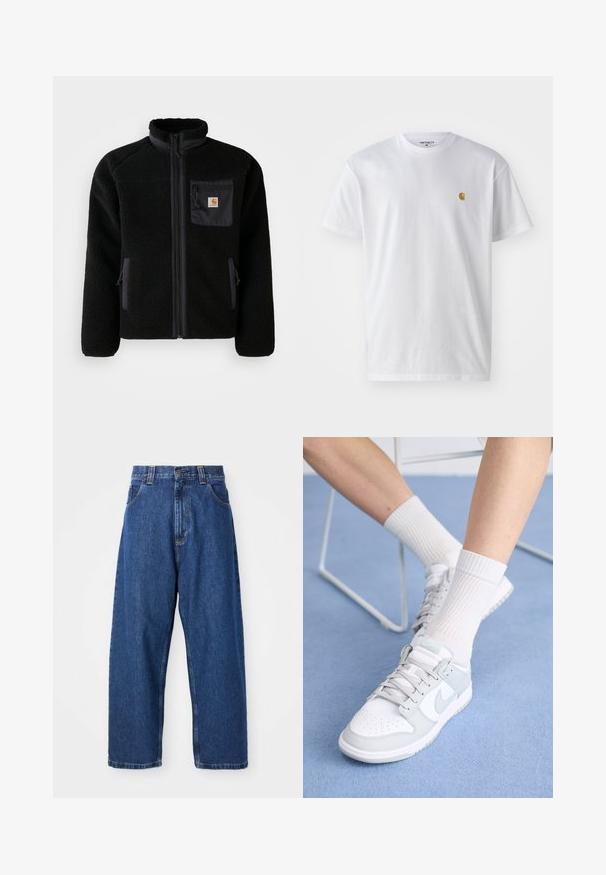 Schwarze Fleecejacke mit Reißverschluss vorne, hohem Kragen und strukturiertem Material. Verfügt über eine Brusttasche und seitliche Taschen mit Reißverschluss.; Weißes Baumwoll-T-Shirt mit kurzen Ärmeln, Rundhalsausschnitt, mit einem kleinen goldenen Logo im linken Brustbereich. Weicher Stoff und normale Passform.; Weite Jeans aus Denim in Dunkelblau. Hohe Taille, Gürtelschlaufen und klassisches Fünf-Taschen-Design. Gestickter Saum mit sauberem Finish.; Weiße Sneakers mit hellblauen Akzenten, Obermaterial aus Leder, perforierte Zehenpartie, dicke Schnürsenkel und gerippte weiße Socken vor einem blauen Hintergrund.