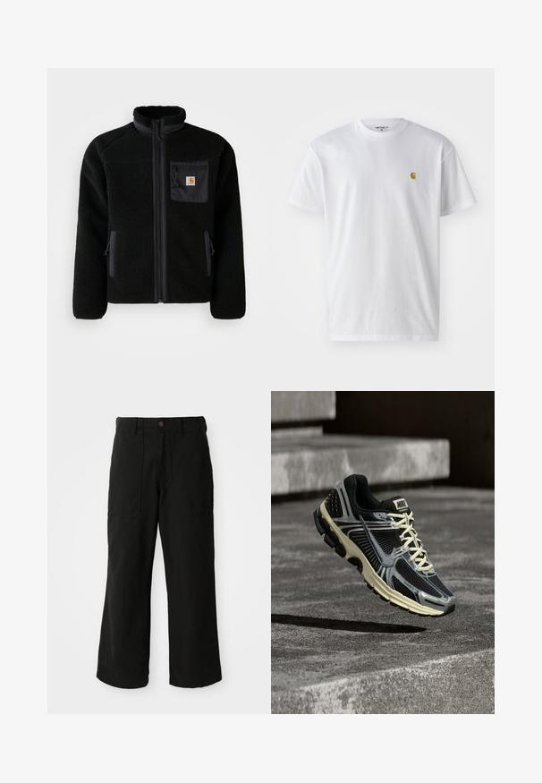 Veste en polaire noire avec fermeture éclair à l'avant, col haut et tissu texturé. Elle dispose d'une poche sur la poitrine et de poches latérales avec fermetures éclair.; T-shirt en coton blanc à manches courtes, col rond, avec un petit logo doré sur la poitrine gauche. Texture douce et coupe régulière.; Pantalons noirs à large jambe en tissu doux, dotés de poches avant et d'une fermeture à bouton à la taille. Design minimaliste sans motifs visibles.; Chaussure de course Nike noire et grise avec des lacets crème flottant au-dessus d'une surface en béton texturée.