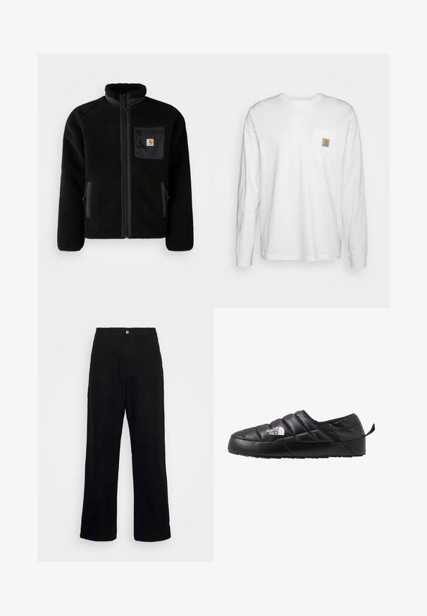 Schwarze Fleecejacke mit Reißverschluss vorne, hohem Kragen und strukturiertem Material. Verfügt über eine Brusttasche und seitliche Taschen mit Reißverschluss.; Langärmliges, weißes Hemd aus Baumwolle mit einer Brusttasche und einem quadratischen Logopatch. Einfaches Design mit rundem Ausschnitt und gefütterten Ärmeln.; Schwarze Hosen aus schwerem Stoff mit geradem Beinschnitt, Fronttaschen, Reißverschluss und einem einzelnen metallischen Knopfverschluss.; Schwarzer Slipper mit gestepptem Design, aus gepolstertem Material gefertigt. Verfügt über eine strukturierten Gummisohle und eine kleine Lasche hinten.