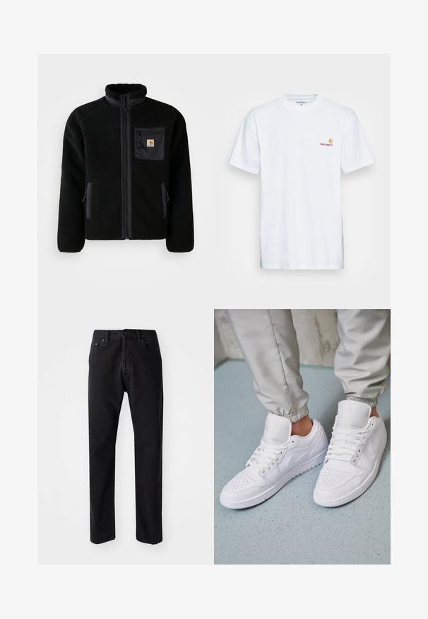Sort fleecejakke med lynlås foran, høj krave og struktureret stof. Har en brystlomme og sidelommer med lynlåse.; Hvid bomulds t-shirt med korte ærmer. Designet med et lille orange og maroon logo på venstre bryst. Har en klassisk rund hals.; Sorte denim jeans med lige snit, fem lommer og knaplukning. Har synlige sømme og en blød, struktureret stof.; Hvide lædersneakers har en perforeret tåboks, flade snørebånd, polstret krave og Jordan-logoet på tungen. Båret med grå joggers.