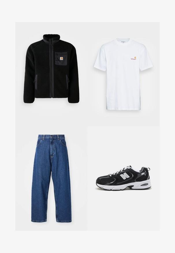Sort fleecejakke med lynlås foran, høj krave og struktureret stof. Har en brystlomme og sidelommer med lynlåse.; Hvid bomulds t-shirt med korte ærmer. Designet med et lille orange og maroon logo på venstre bryst. Har en klassisk rund hals.; Denimwide-leg jeans i mørkeblå. Har høj talje, bæltestropper og klassisk fem-lommers design. Syet kant med en ren finish.; Sorte og grå sportssko med mesh og ruskind på overdelen, der har en hvid mellemsål, snørebånd og et iøjnefaldende "N" logo på siden.