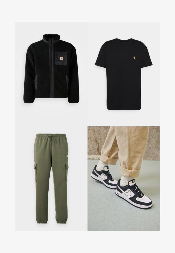 Schwarze Fleecejacke mit Reißverschluss vorne, hohem Kragen und strukturiertem Material. Verfügt über eine Brusttasche und seitliche Taschen mit Reißverschluss.; Schwarzes Baumwoll-T-Shirt mit kurzen Ärmeln, Rundhalsausschnitt und einem kleinen gelben Logo im linken Brustbereich. Einfaches Design und normale Passform.; Olivgrüne Cargo-Hosen mit elastischem Bund, Kordelzugverschluss, Seitentaschen und logo auf dem Oberschenkel. Glattes Baumwollmischgewebe.; Schwarz-weiße Nike Air Force 1 Sneaker mit einem Obermaterial aus Leder, perforierter Zehenpartie und strukturiertem Sohlendesign, getragen mit aufgerollten beigen Hosen und weißen Socken.