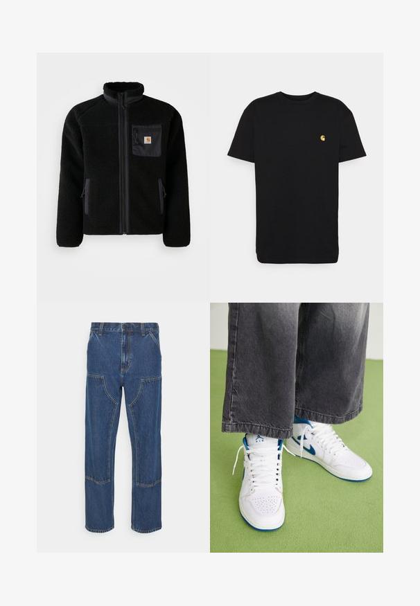 Sort fleecejakke med lynlås foran, høj krave og struktureret stof. Har en brystlomme og sidelommer med lynlåse.; Sort bomulds t-shirt med korte ærmer, rund halsudskæring og et lille gult logo på venstre brystområde. Enkel design og almindelig pasform.; Blå denim jeans med lige ben, frontlappelommer og kontrasterende syninger. Stoffet har en klassisk tekstur og finish.; Hvide højtop sneakers med blå accenter, perforeret tå boks og hvide snørebånd. Båret med løse grå denim bukser på en grøn overflade.