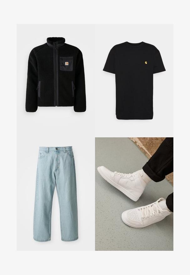 Sort fleecejakke med lynlås foran, høj krave og struktureret stof. Har en brystlomme og sidelommer med lynlåse.; Sort bomulds t-shirt med korte ærmer, rund halsudskæring og et lille gult logo på venstre brystområde. Enkel design og almindelig pasform.; Lys blå denim jeans med et bredt ben-design. Har fem lommer, frontknap og lynlås lukning, samt en let falmet tekstur.; Hvide høj-top sneakers lavet af glat læder med perforeret tå, snørelukning og subtil logo detaljer på siden. Tekstureret gummisål.