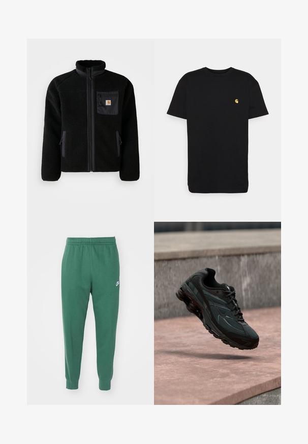 Sort fleecejakke med lynlås foran, høj krave og struktureret stof. Har en brystlomme og sidelommer med lynlåse.; Sort bomulds t-shirt med korte ærmer, rund halsudskæring og et lille gult logo på venstre brystområde. Enkel design og almindelig pasform.; Nike Sportswear CLUB JGGR - Træningsbukser - fir/white; Sort atletisk sneaker med synligt luftdæmpende mellemsål, der svæver over en pink stenoverflade med en grå stenvæg i baggrunden.