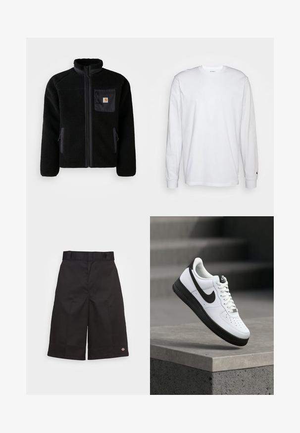 Veste en polaire noire avec fermeture éclair à l'avant, col haut et tissu texturé. Elle dispose d'une poche sur la poitrine et de poches latérales avec fermetures éclair.; T-shirt blanc à manches longues en coton. Design à col rond avec des poignets côtelés et un petit logo sur la manche gauche. Texture lisse.; Shorts en coton noirs à coupe droite, longueur genou, arborant un logo de marque visible sur l'ourlet et une texture lisse.; Baskets en cuir blanc avec accents noirs, bout arrondi et détails perforés. Semelle en caoutchouc noire avec motif texturé et fermeture à lacets.