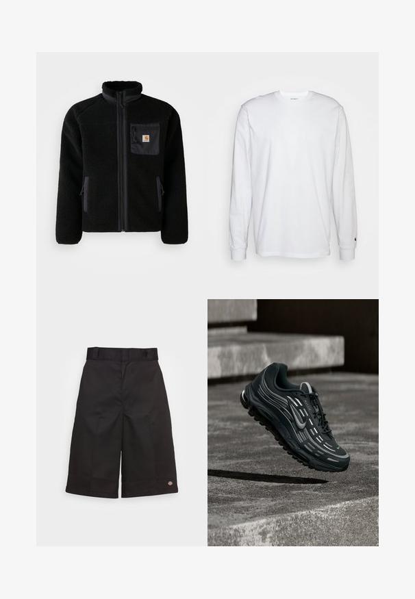 Schwarze Fleecejacke mit Reißverschluss vorne, hohem Kragen und strukturiertem Material. Verfügt über eine Brusttasche und seitliche Taschen mit Reißverschluss.; Weißes Langarm-T-Shirt aus Baumwolle. Rundhals-Design mit gerippten Bündchen und kleinem Logo auf dem linken Ärmel. Glatte Textur.; Schwarze Baumwollshorts mit geradem Schnitt, knielang, mit sichtbar eingesticktem Markenzeichen am Saum und einer glatten Textur.; Schwarzer und grauer Nike Air Max Sneaker, der über graue Betonstufen mit strukturiertem Bodenhintergrund schwebt.