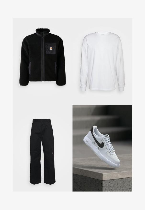 Sort fleecejakke med lynlås foran, høj krave og struktureret stof. Har en brystlomme og sidelommer med lynlåse.; Hvid langærmet T-shirt lavet af bomuld. Rund halsudskæring med ribbede manchetter og et lille logo på venstre ærme. Glat tekstur.; Sorte bukser lavet af robust stof, med lige ben, bæltestropper og en lille logo på den nederste side.; Hvid Nike Air Force 1 sneaker med sort swoosh-logo, svævende over en betonforkant med slørede trapper i baggrunden.