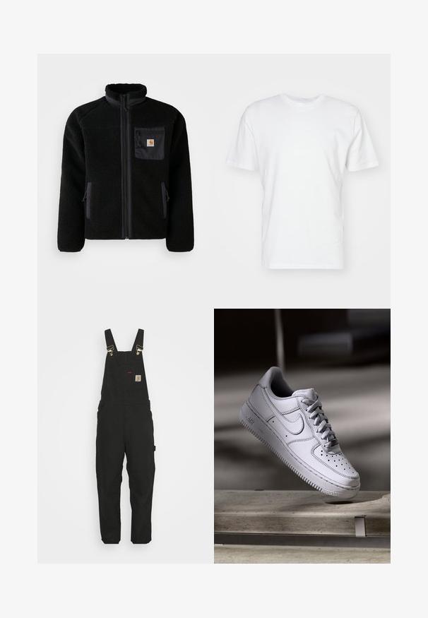 Sort fleecejakke med lynlås foran, høj krave og struktureret stof. Har en brystlomme og sidelommer med lynlåse.; Hvid bomulds T-shirt med korte ærmer, rund halsudskæring og en glat tekstur. Enkel design uden mønstre eller grafik.; Sorte bomuldsoveralls med justerbare stropper, en forlommes med logo patch og to sidelommer i en afslappet pasform.; Hvid læder Nike Air Force 1 sneaker med perforeret tå, flade snørebånd og tekstureret gummisål med "AIR" branding på siden.